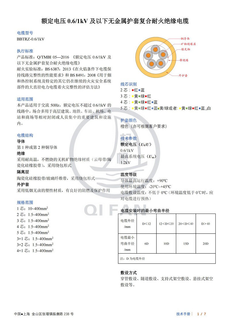 起帆BBTRZ防火電纜技術數據